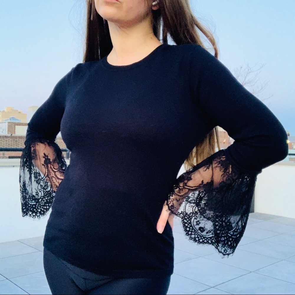 Vince Camuto Morticia Addams Cotton Flare Lace Sleeve Black CrewNeck Sweater Top